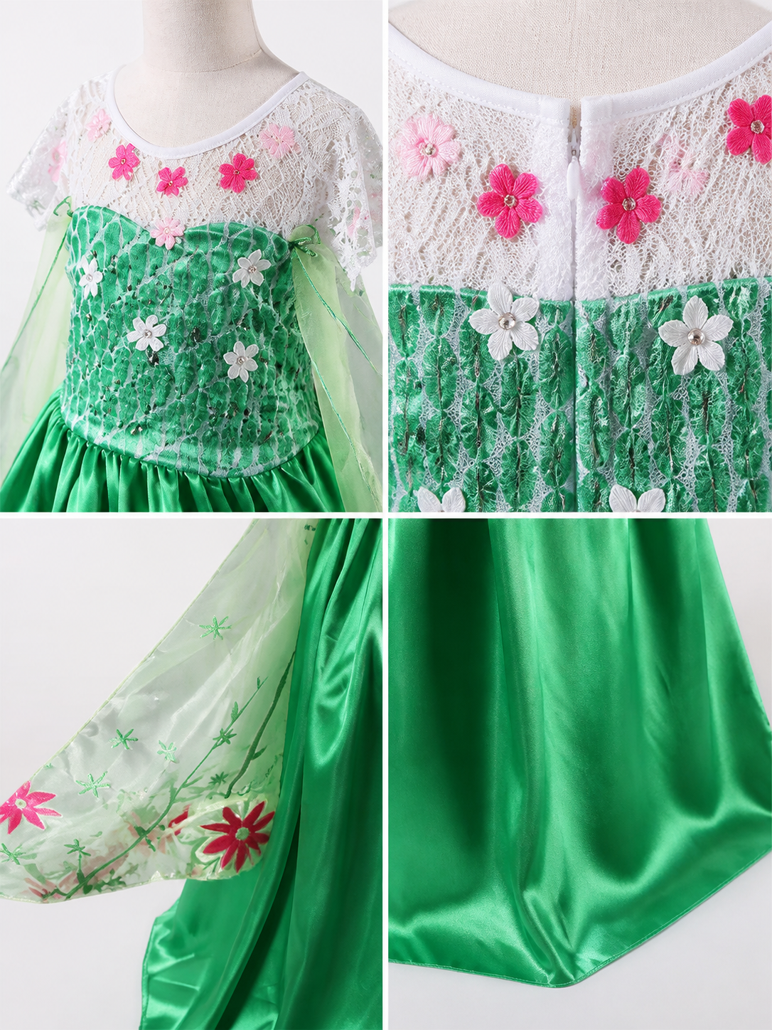 Green Princess Costume Dress with Flowers for Halloween