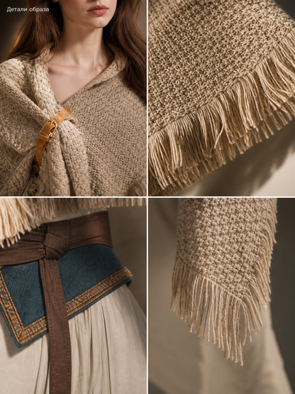 Beige fringed woven costume cape product view 32