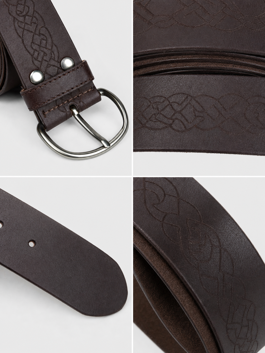Information card showing close-ups of the dark brown belt, metal ring buckle, embossed pattern, holes, and rounded belt end