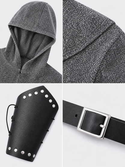 The set is designed in a medieval style and is suitable for creating a cosplay or stage-performance look. It includes a gray long top with a hood, a headpiece in the form of a gray hood, black bracers, and a black belt with a square buckle 