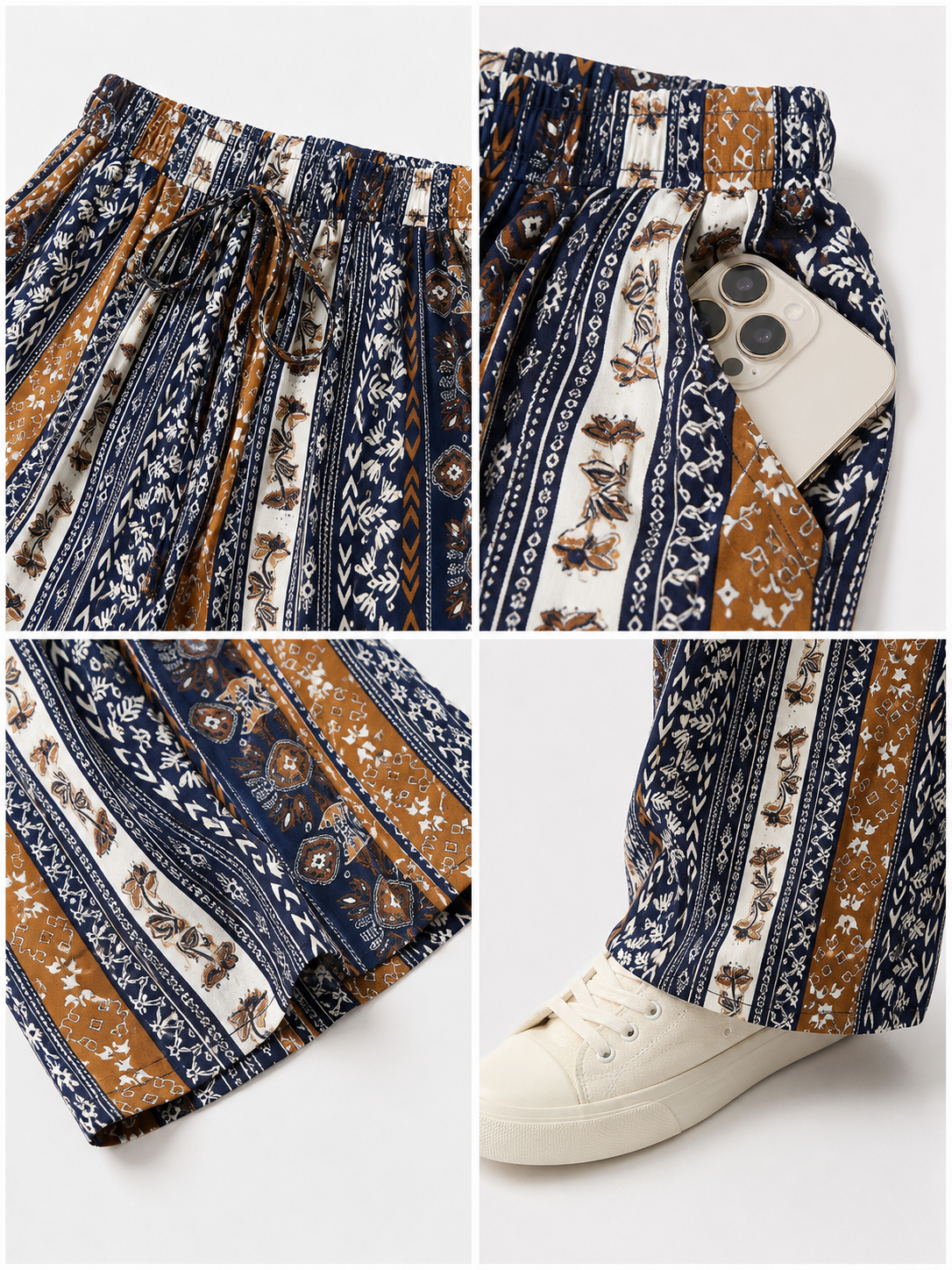 Bohemian High-Waist Wide-Leg Drawstring Pants with Multi-Color Vertical Stripes product detail composite