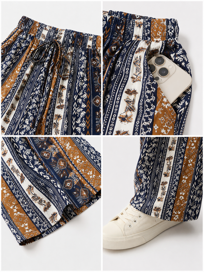 Bohemian High-Waist Wide-Leg Drawstring Pants with Multi-Color Vertical Stripes product detail composite