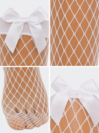 White Diamond-Mesh Stockings with Bows