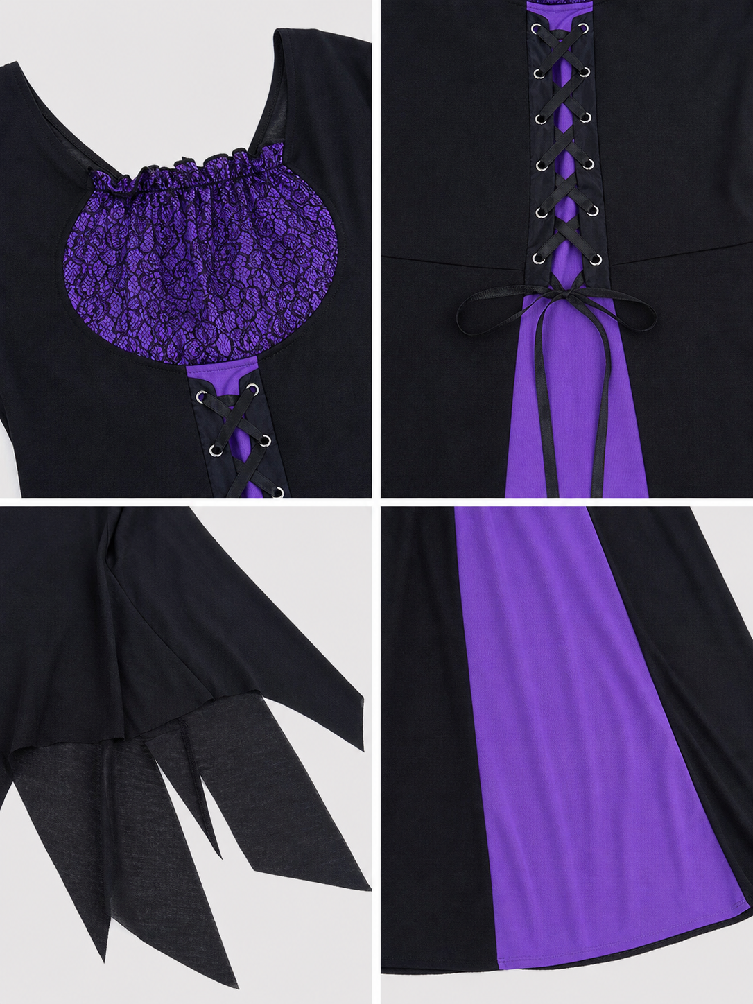 Cosplay costume designed as a long black and purple wizard-themed dress. The set includes a dress, a pointed wide-brimmed hat, and a collar. The design features long sleeves with flared cuffs, a fitted upper section, and a lace-up front. Th
