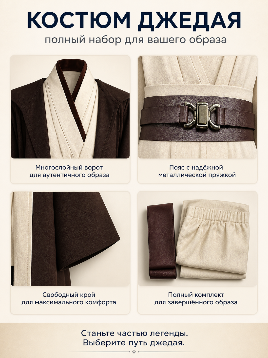 Obi-Wan Jedi Costume with Cloak and Belt for Carnival detail view