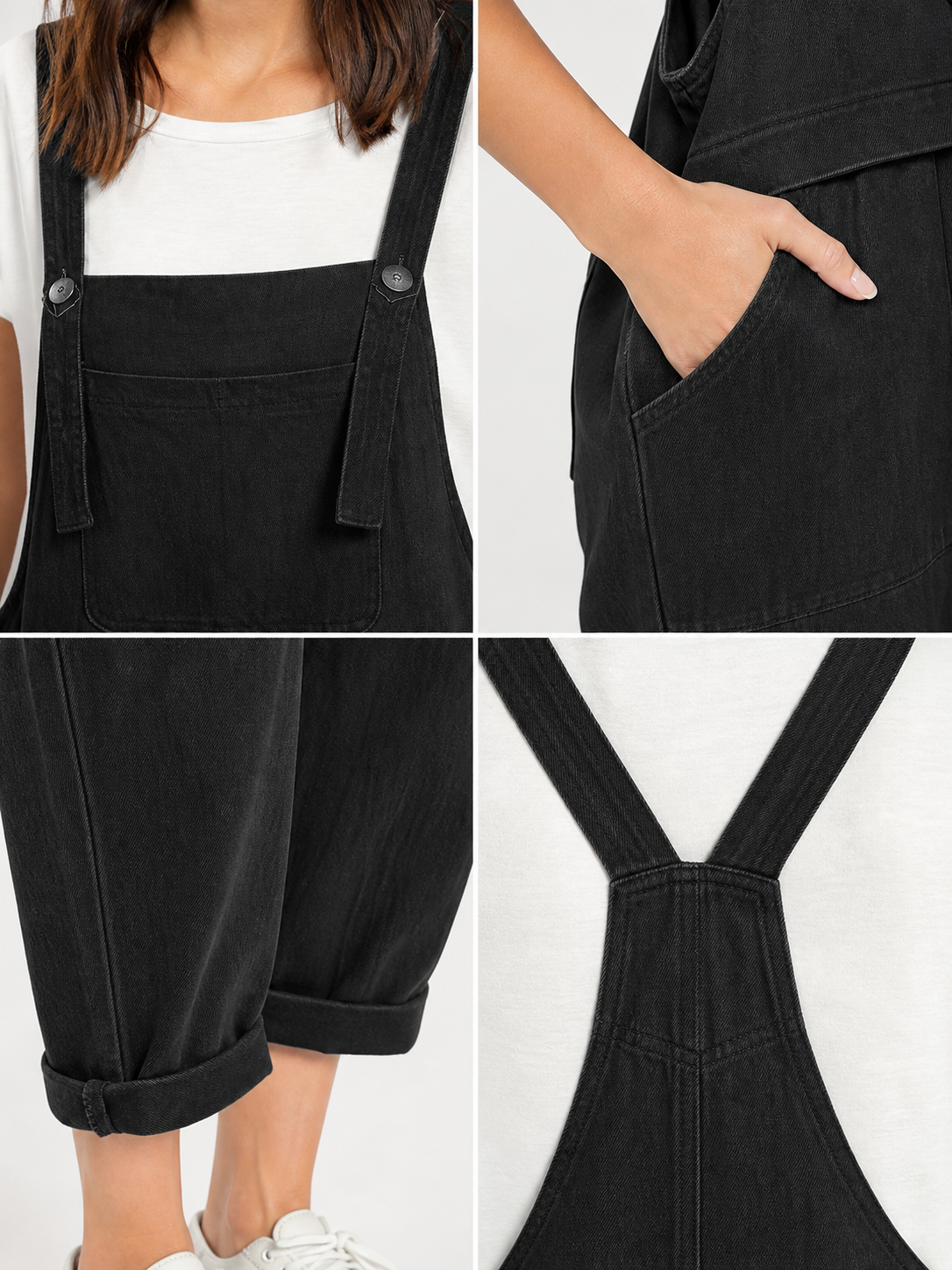 Black Loose-Fit Overalls with Pockets