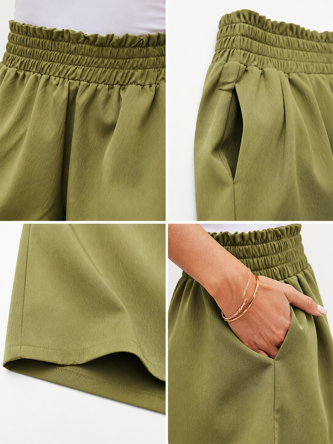 Olive-Colored High-Waisted Shorts with Pockets detail view