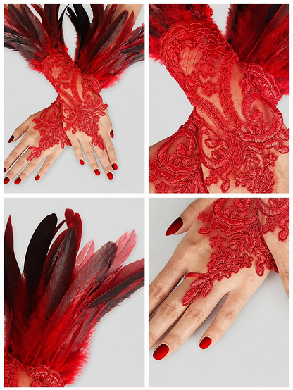 Red Carnival Gloves with Black-and-Red Feathers, Pair