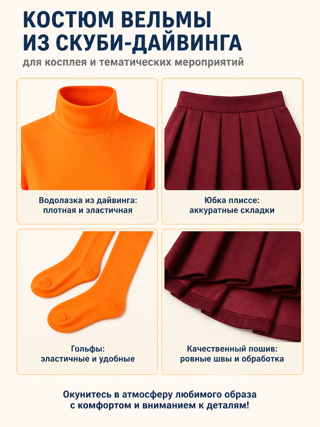 Velma Scooby-Doo cosplay costume, top and skirt detail view