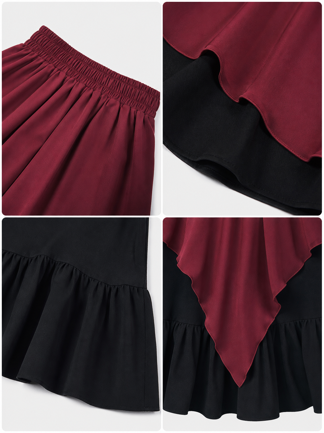 Multi-Tiered Burgundy-Black Skirt with an Asymmetrical Hem
