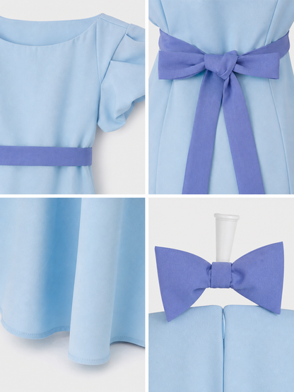 Peter Pan cosplay dress in light blue with contrasting purple-blue details. This style features a round neckline, short sleeves, and a long silhouette with a fitted upper body and a flared A-line skirt. The waist has contrasting ties that a