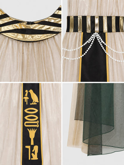 Women’s Egyptian Pharaoh Queen Halloween Cosplay Dress Set with Headpiece, Belt, Arm Accessories and Draped Sleeves for Stage Performance