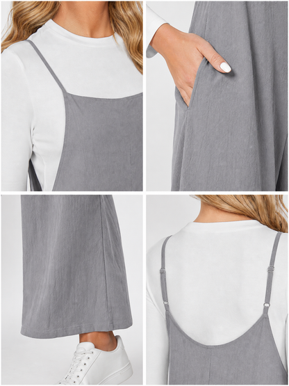 Gray Cotton-Linen Wide-Leg Bib Overalls with Straps