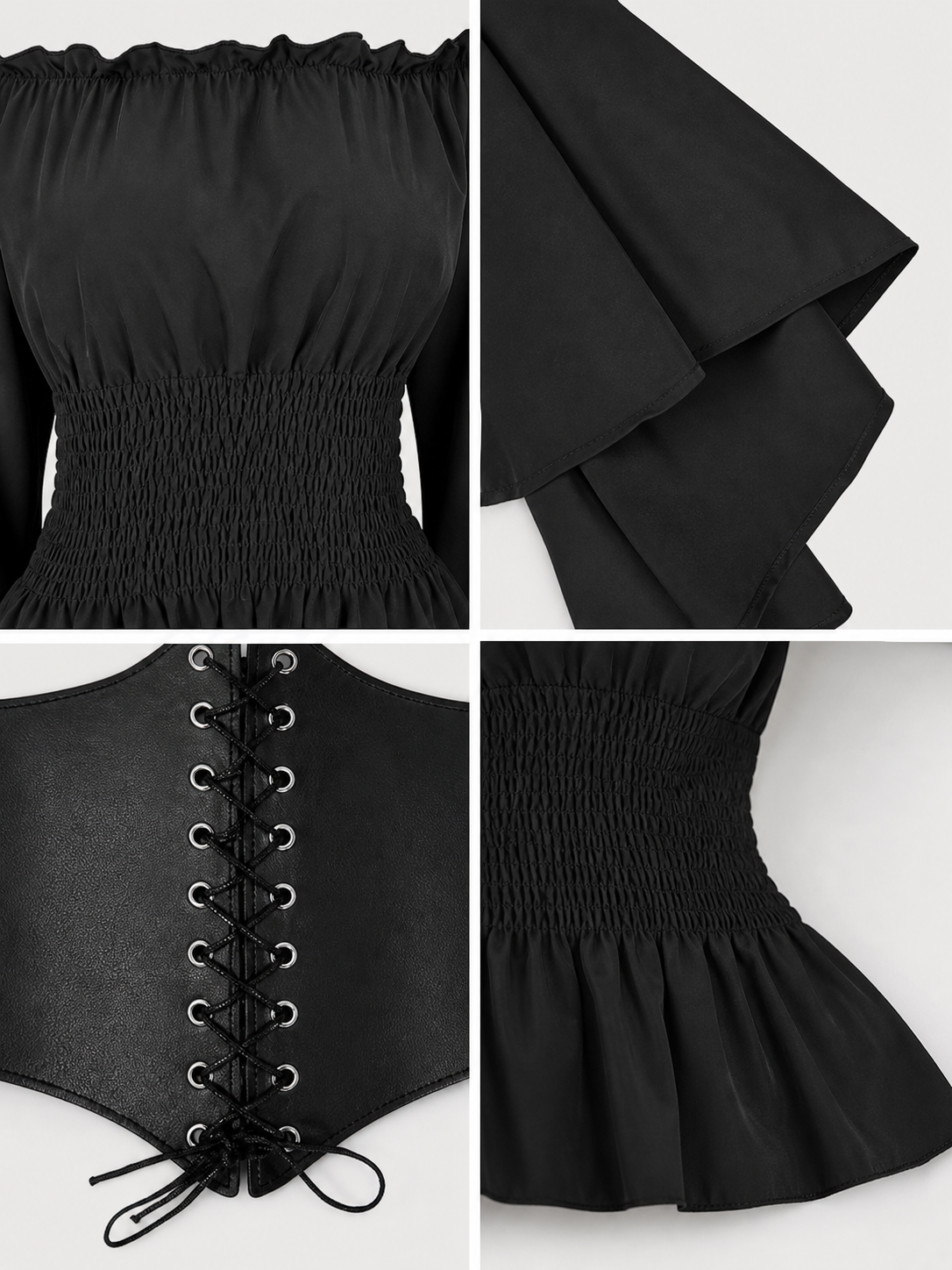 Black Gothic Peplum Top with Lace-Up Belt