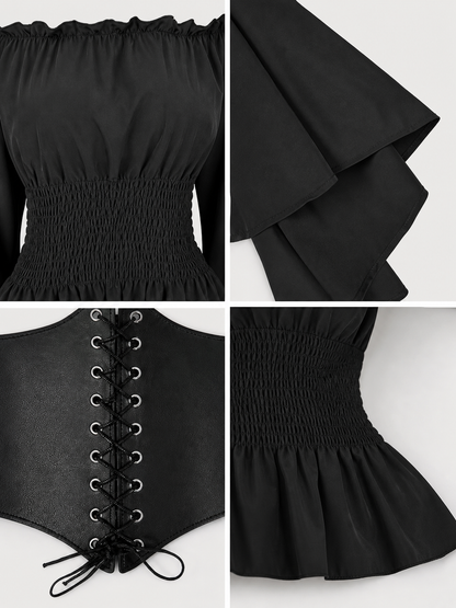 Black Gothic Peplum Top with Lace-Up Belt