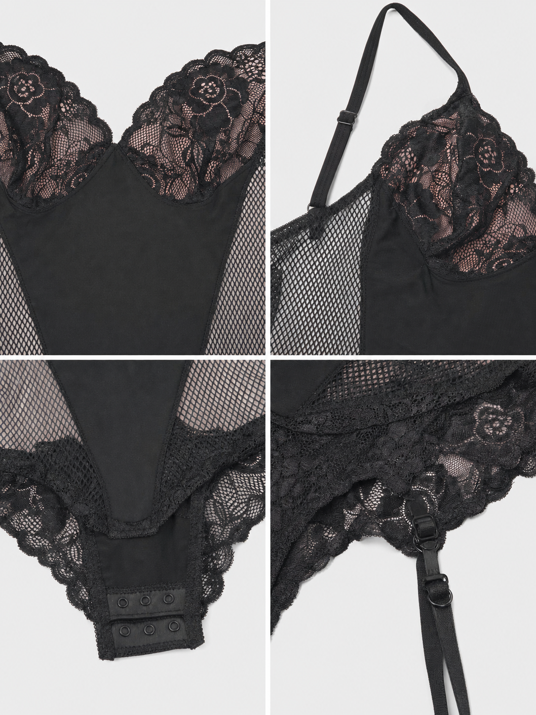 Black Lace and Mesh Bodysuit with Garters detail view