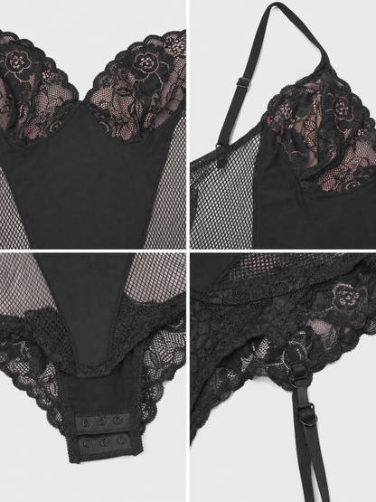 Black Lace and Mesh Bodysuit with Garters detail view