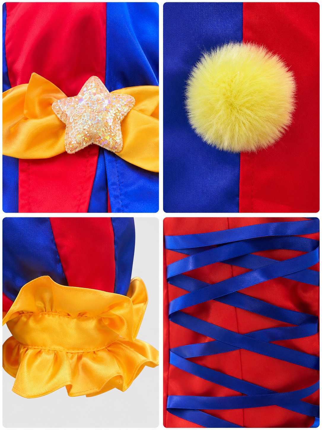 Bright circus clown-style costume with a dress and headpiece, designed for cosplay, themed events, costume parties, and stage performances. The set features an expressive red-and-blue color scheme with yellow and gold accents. The main piec