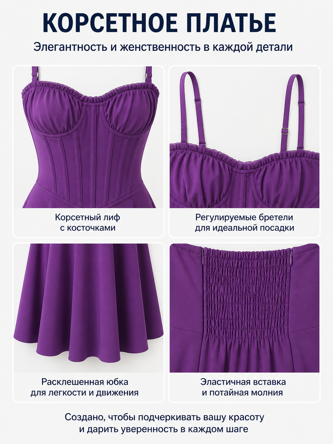 Purple Spaghetti-Strap Dress with a Full Skirt detail view