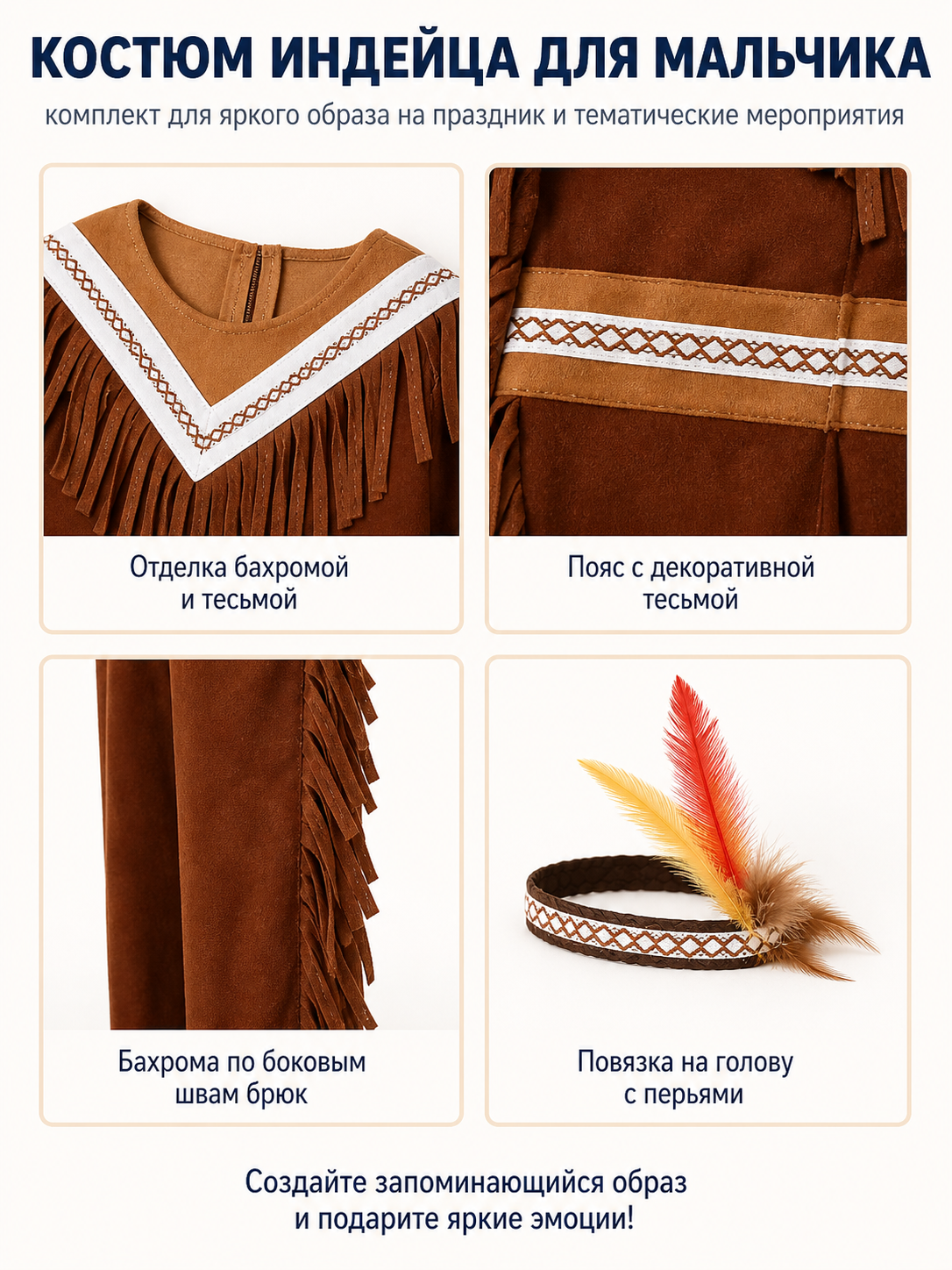 Children's Native American costume with fringe and white trim detail view