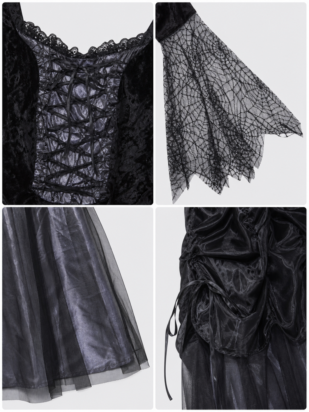 Gothic-style witch costume dress with hat for themed events. The design is mainly black and dark gray, with patterned textured fabric and sheer black accents. The look is centered on a long dress with a fitted lace-up corset, a ruffled neck