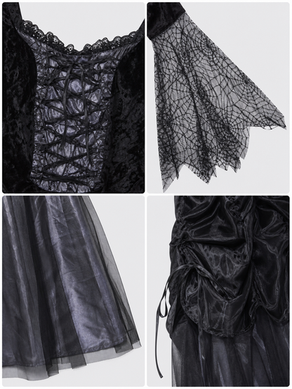 Gothic-style witch costume dress with hat for themed events. The design is mainly black and dark gray, with patterned textured fabric and sheer black accents. The look is centered on a long dress with a fitted lace-up corset, a ruffled neck