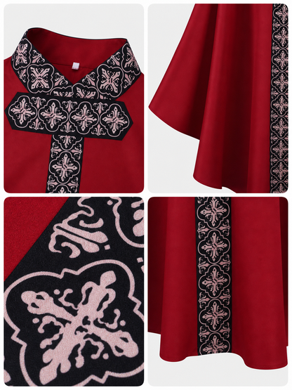 The cape is red with black decorative elements. It has a loose cloak-style silhouette, wide sleeves, and a collar with black patterned detailing. The front features a vertical decorative stripe down the center and a horizontal stripe across