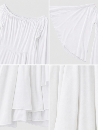 White Dress with a Square Neckline and Wide Sleeves