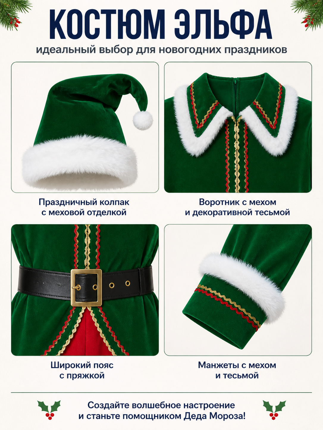 Green and Red Elf Costume with Belt for Performances detail view