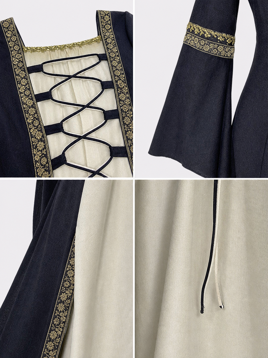 Medieval-style dress with flared sleeves, lacing, and decorative trim. The design is made in black with a cream-colored center panel and golden floral elements along the edges and on the cuffs. The open front layer frames the light-colored 