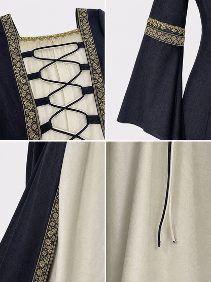 Medieval-style dress with flared sleeves, lacing, and decorative trim. The design is made in black with a cream-colored center panel and golden floral elements along the edges and on the cuffs. The open front layer frames the light-colored 