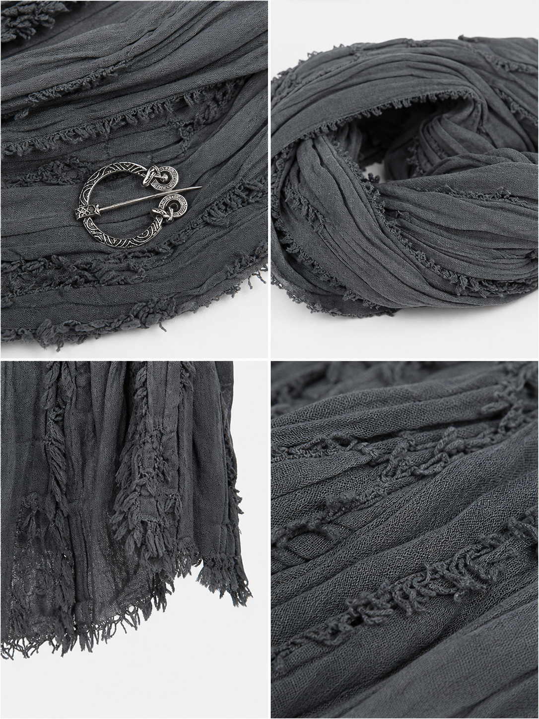 This large scarf-wrap is designed as a rectangular drape with a striking textured surface. The black-and-gray color palette is accented with lighter gray tones, giving the piece a distinctive look that pairs easily with different outfits. T