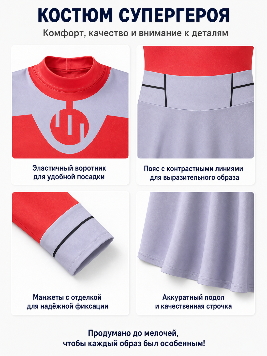 Red and Gray Cosplay Jumpsuit Costume detail view