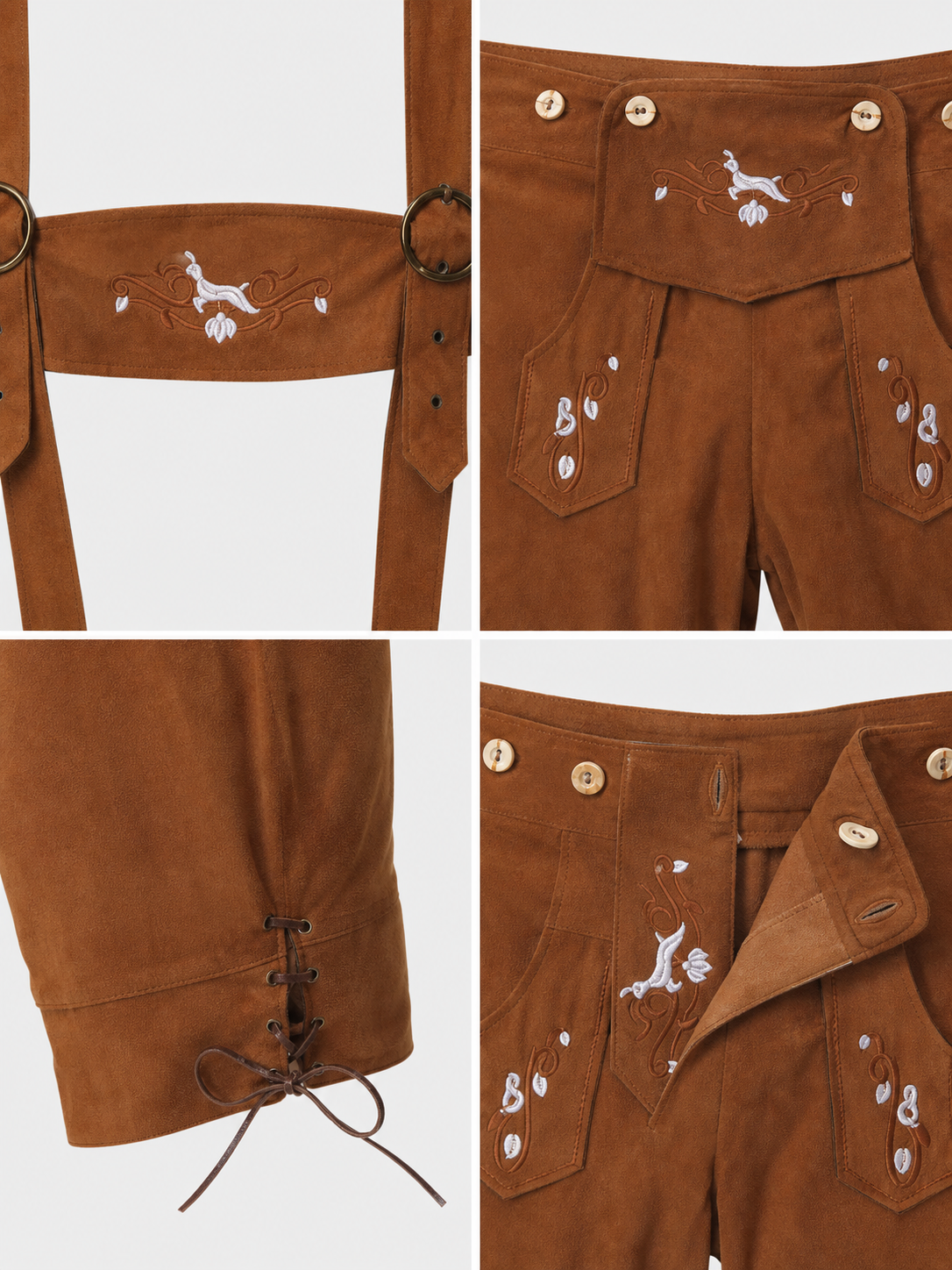 Brown folk role-play clothing designed as short shorts with a bib panel connected to shoulder suspenders and extending to the waistline. The outfit features an ethnic style and several front pockets, including pockets on the bib and shorts.