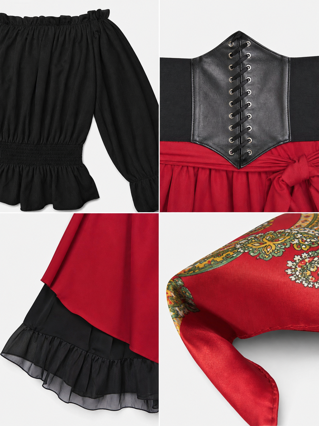 Theatrical pirate costume set with accessories. The two-color design in black
