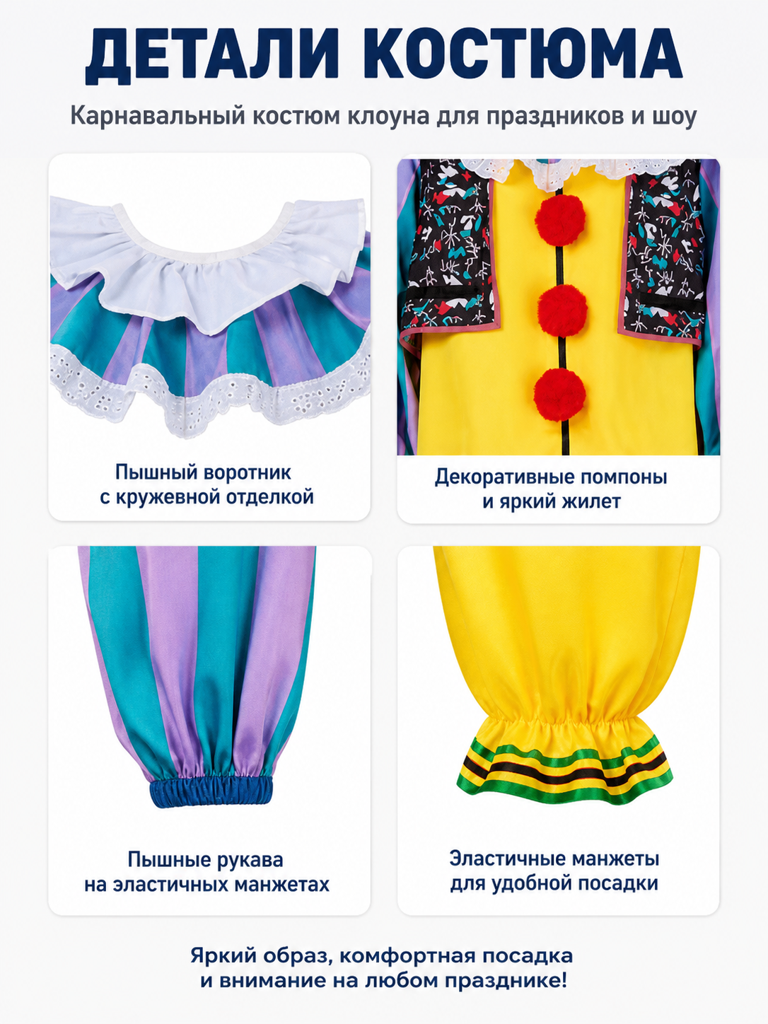 IT Clown Costume with Vest, Ruffled Collar, and Puffy Pants detail view