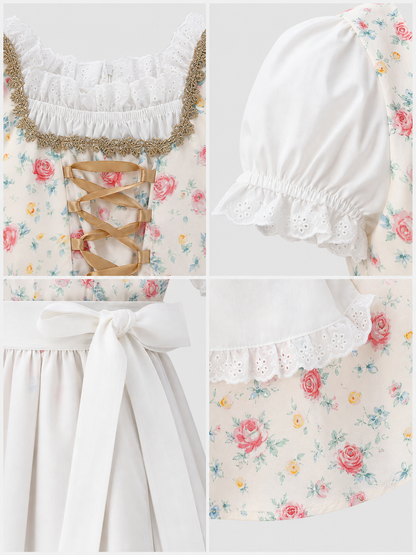 Dress with Apron and Headscarf, Floral Print