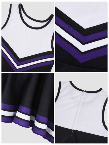Cheerleading costume with pom-poms, dress, and leg warmers