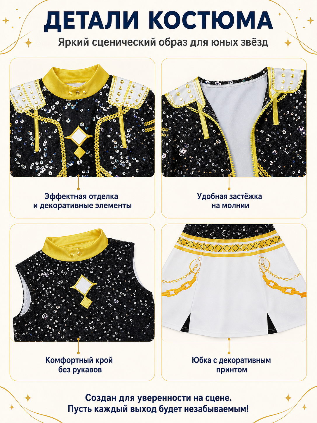 Children's skirt and jacket costume with gold trim detail view