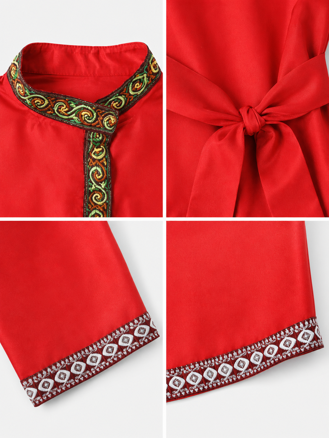 Red Tunic with Ornament, Stand-Up Collar, and Belt