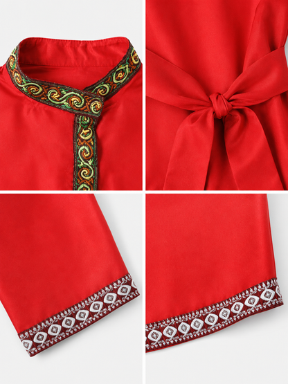 Red Tunic with Ornament, Stand-Up Collar, and Belt