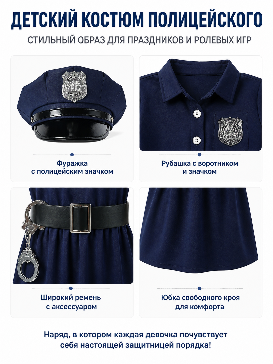 Children's Police Officer Costume with Skirt and Belt detail view