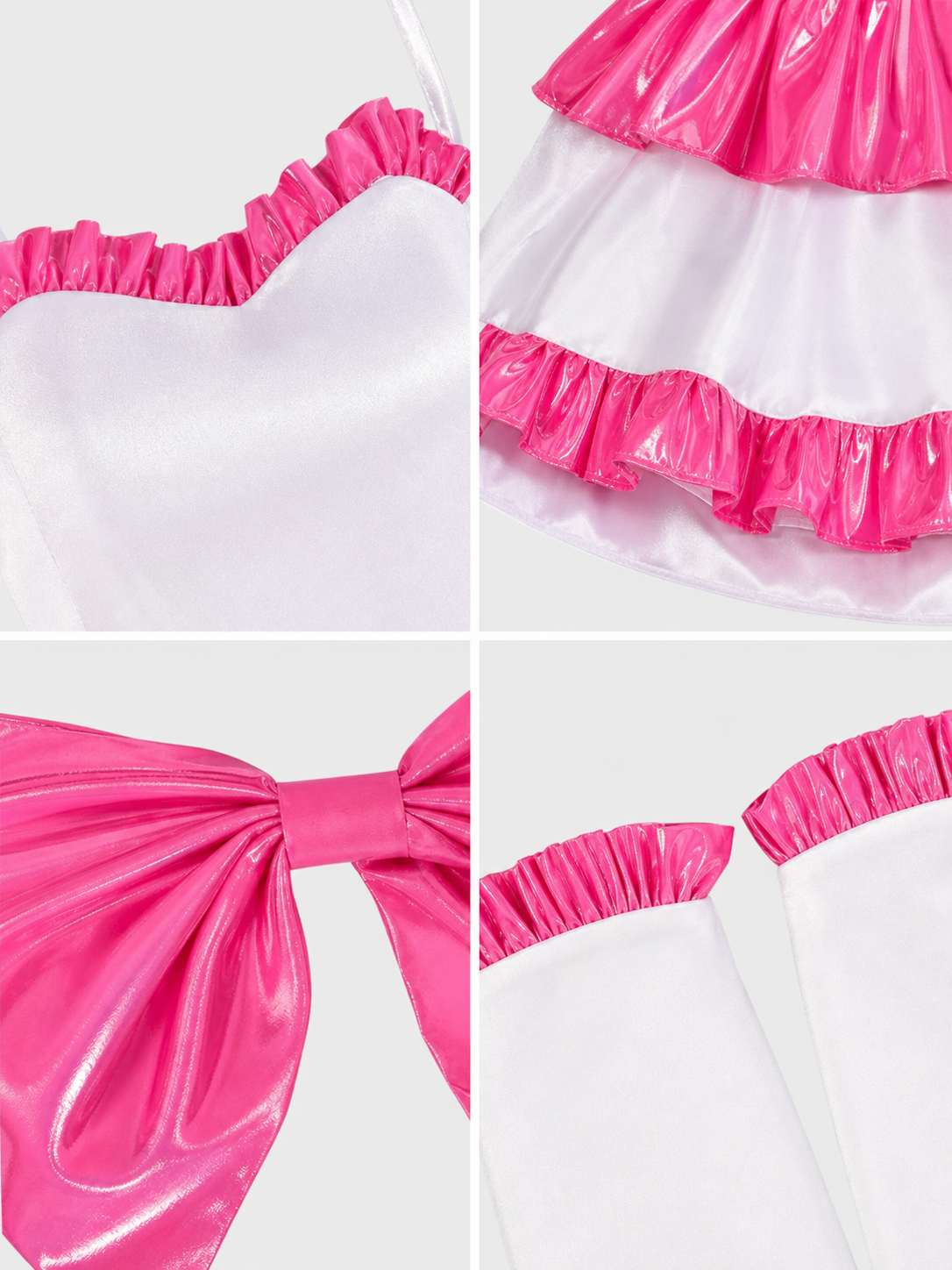 White Mima cosplay dress with pink ruffles and a bow