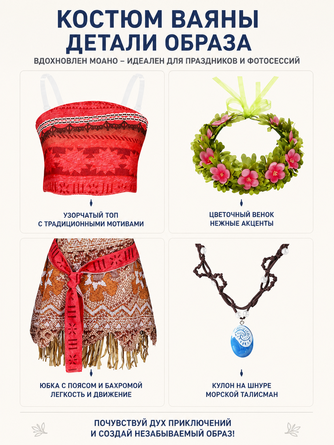 Children's Moana Halloween Costume with Skirt and Accessories detail view