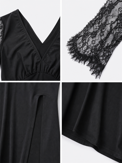 Black Long Dress with Lace Sleeves