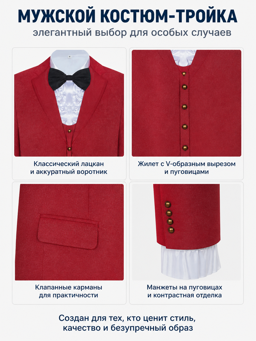 Red costume with a bow tie and white jabot for cosplay detail view