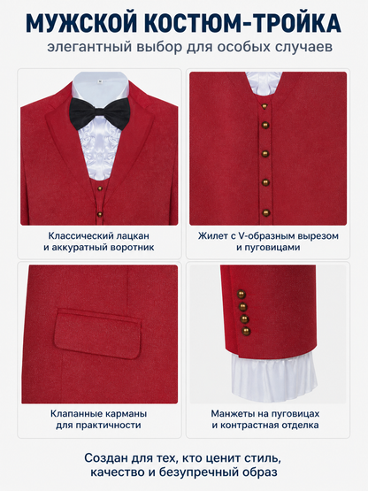 Red costume with a bow tie and white jabot for cosplay detail view