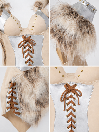 Historical Viking Costume with Horned Headwear detail view