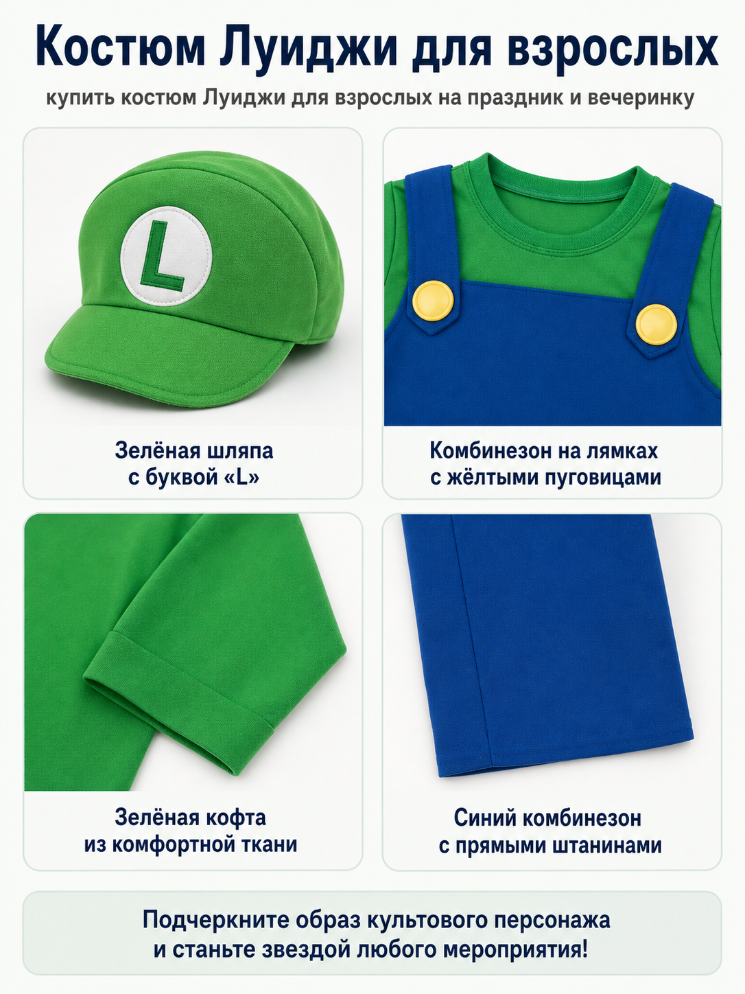 Luigi Costume Jumpsuit with Hat and Mustache for Halloween detail view