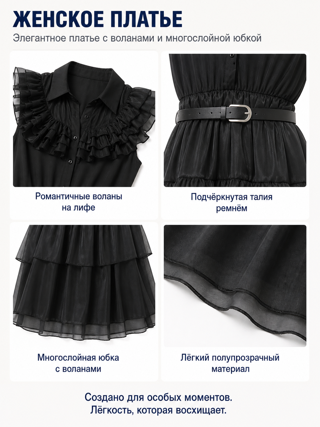 Black Dress with Tiered Skirt and Ruffles detail view